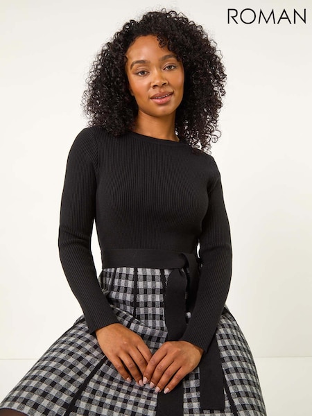 Roman Grey Petite Contrast Check Knitted Dress (AT7449) | £50