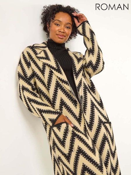 Roman Black Petite Chevron Print Pocket Knit Coatigan (AT7451) | £48