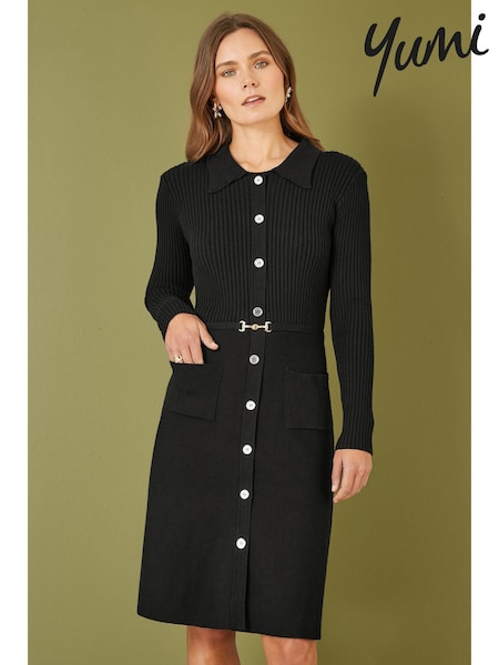 Yumi Black Rib Knit Midi Shirt Dress With Snaffle Belt (AT7574) | £65