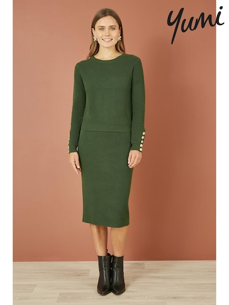 Yumi Green Rib Knitted Midi Column Skirt (AT7576) | £50