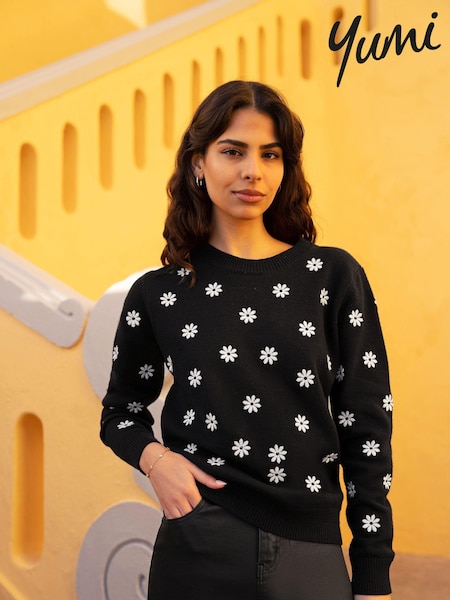 Yumi Black All Over Embroidered Daisy Knitted Jumper (AT7577) | £50