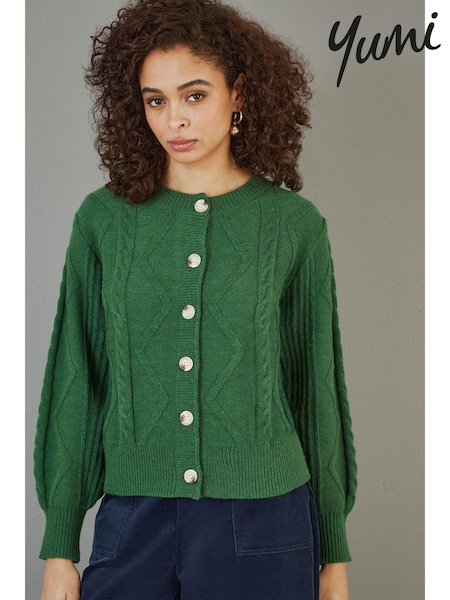 Yumi Green Chunky Cable Knit Cardigan (AT7586) | £60