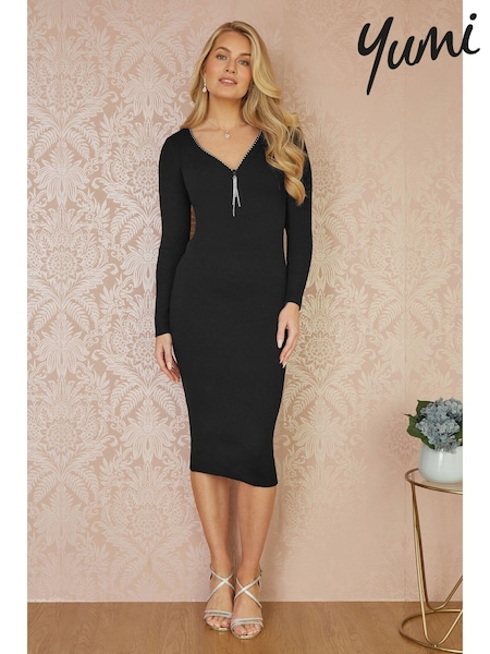 Yumi Black Rib Fitted Midi Dress With Diamante Detail Zip Neckline (AT7590) | £55