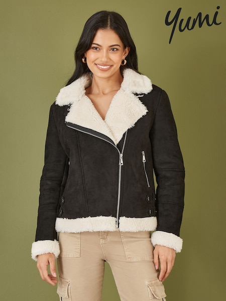 Yumi Black Faux Suede And Shearling Biker Jacket (AT7596) | £75