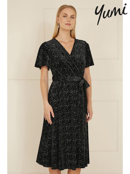Yumi Black Velvet Sparkle Wrap Midi Dress (AT7717) | £65