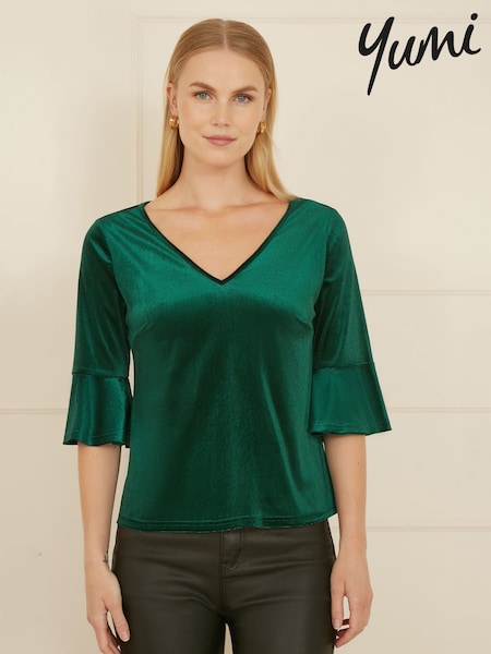 Yumi Green Velvet Relaxed Fit Top With Fluted Sleeves (AT7718) | £50
