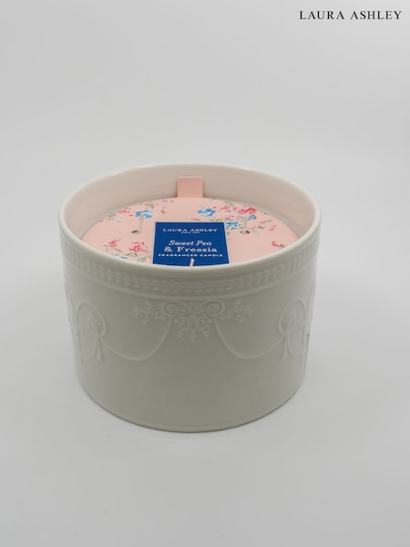 Laura Ashley Pink 550g Decorative White Ceramic Candle Sweet Pea 3 Wick and Freesia (AT7765) | £18