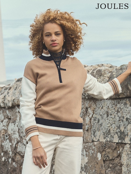 Joules Varsity Brown/Cream Colourblock Quarter Zip Cotton Jumper (AT7802) | £64