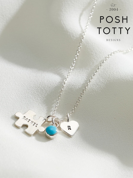 Posh Totty Designs Silver Tone Jigsaw Personalised Charm Necklace (AT7896) | £65