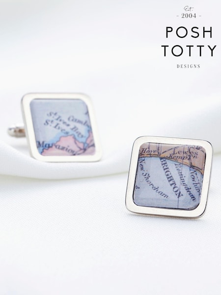 Posh Totty Designs Silver Tone Personalised Vintage Square Map Cufflinks (AT7903) | £25