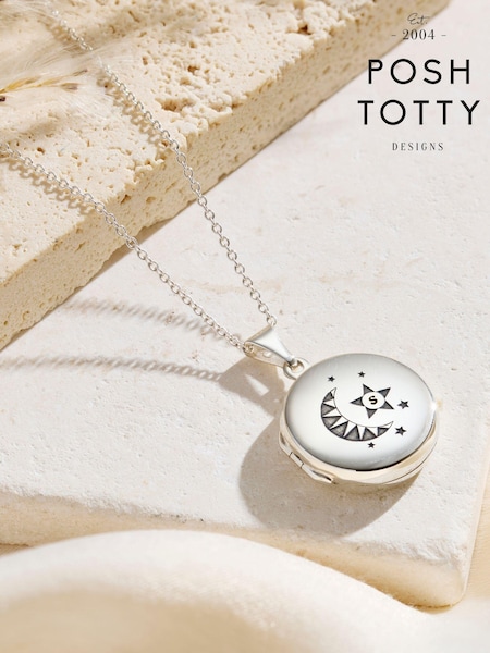 Posh Totty Designs Silver Tone Personalised Celestial Locket Necklace (AT7914) | £95