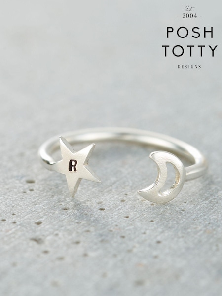 Posh Totty Designs Silver Tone Personalised Moon & Star Open Ring (AT7919) | £33