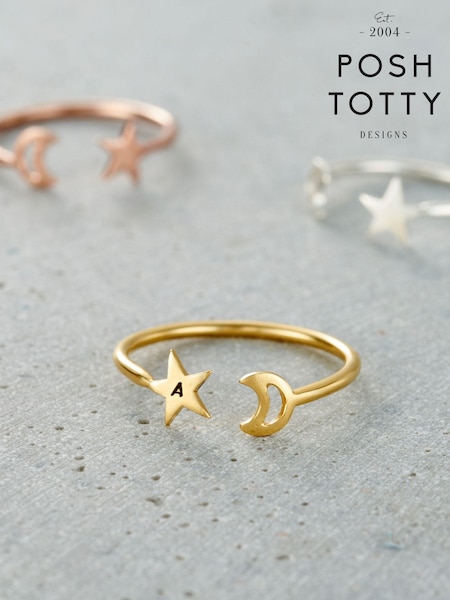 Posh Totty Designs Gold Tone Personalised Moon & Star Open Ring (AT7929) | £43