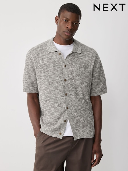Neutral Grey Regular Fit Short Sleeve Knit Button Through Polo Shirt (AT8091) | £38