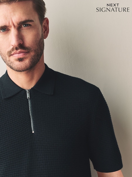 Black Regular Fit Signature 100% Merino Textured Short Sleeve Quarter Zip Knit Polo Shirt (AT8093) | £40