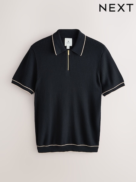 Black Regular Fit Cotton Rich Tipped Short Sleeve Quarter Zip Knit Polo Shirt (AT8106) | £34