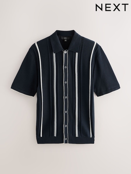 Navy Blue Regular Fit Cotton Rich Short Sleeve Vertical Stripe Knit Button Through Polo Shirt (AT8107) | £36