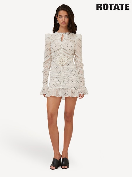 Rotate White Polka Dot Printed Long Sleeve Dress (AT8108) | £140