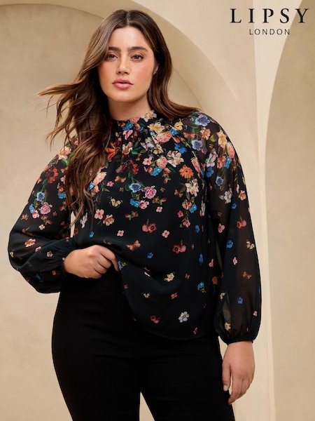 Lipsy Black Curve Print High Neck Blouson Blouse (AT8370) | £44