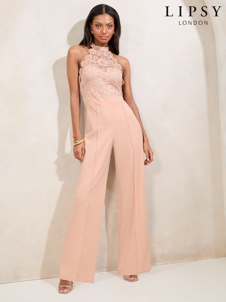 Lipsy Nude Pink Halter Lace Mix Flower Trim Jumpsuit (AT8453) | £65