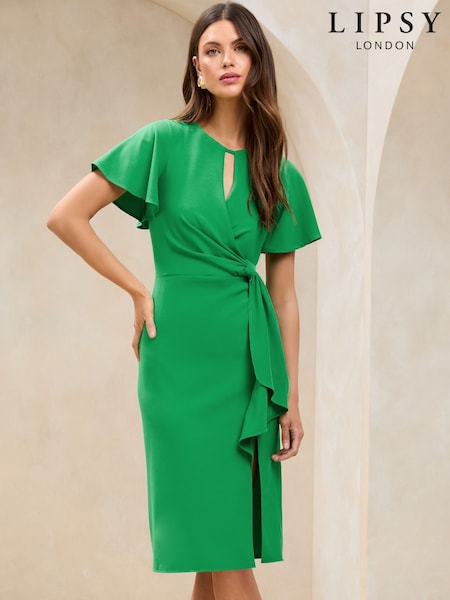 Lipsy Green Flutter Sleeve Tie Side Midi Dress (AT8494) | £52