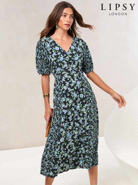 Lipsy Blue Petite Floral Mixed Print Short Sleeve Viscose Midi Dress (AT8551) | £59