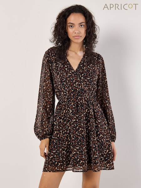 Apricot Orange Chiffon Animal Print Faux Wrap Dress (AT8637) | £35