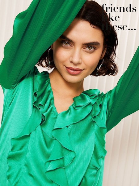 Friends Like These Green Long Sleeve Crinkle Satin Ruffle Front Blouse (AT9120) | £35