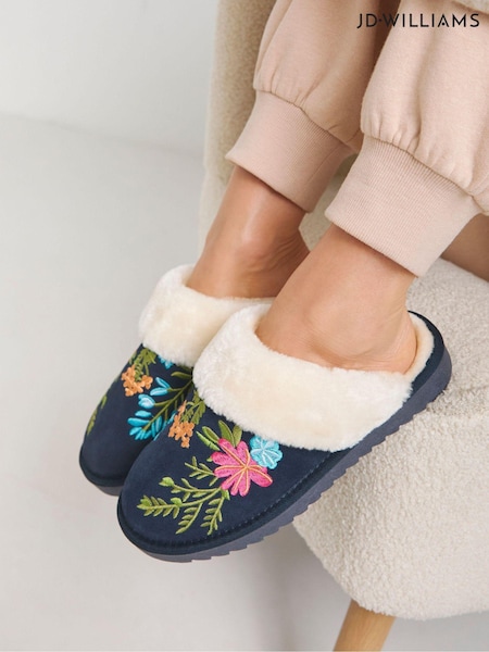 JD Williams Blue Wide Fit Embroidered Mule Slippers (AT9162) | £27