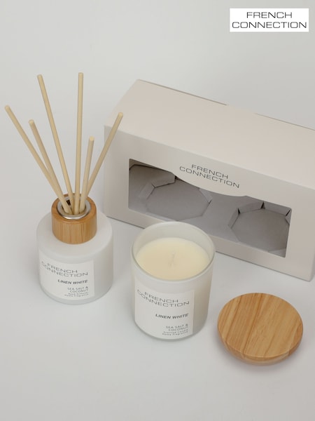 French Connection White Pastel Range Sea Salt Coconut 130G Candle and 100ML Reed Diffuser Gift Set (AT9196) | £20