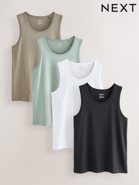 White/Black/Sage Green/Stone 100% Cotton Vests 4 Pack (AT9278) | £30