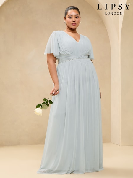 Lipsy Blue Curve Short Sleeve Pearl Trim Mesh Maxi Bridesmaid Dress (AT9359) | £110