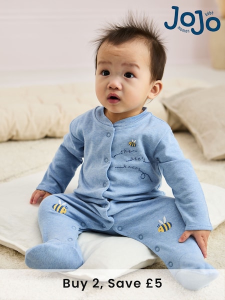 JoJo Maman Bébé Blue Cotton Footed Appliqué Popper Sleepsuit (AT9851) | £21