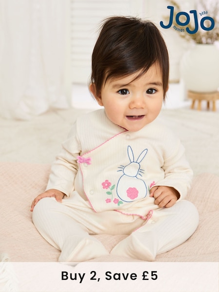 JoJo Maman Bébé Stone Cotton Footed Embroidered Cross-Over Sleepsuit (AT9863) | £21