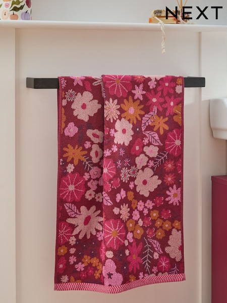 Berry Red Floral Print 100% Cotton Towel (AT9938) | £12 - £24