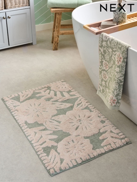 Sage Green Floral Print 100% Cotton Bath Mat (AT9950) | £18