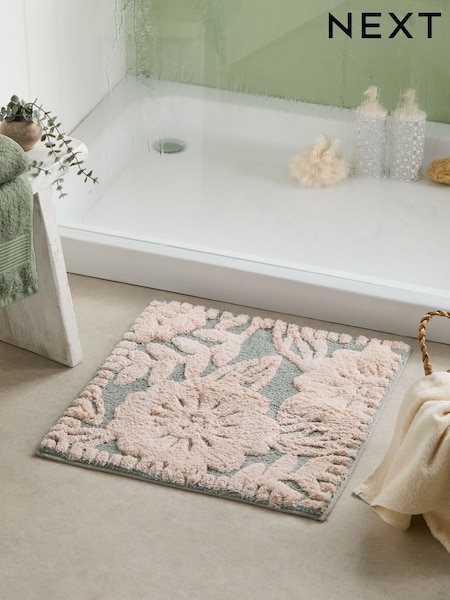 Sage Green Floral Print 100% Cotton Shower Mat (AT9954) | £14