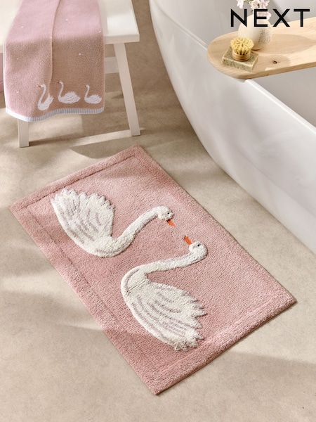 Pink Swan Print 100% Cotton Bath Mat (AT9981) | £18