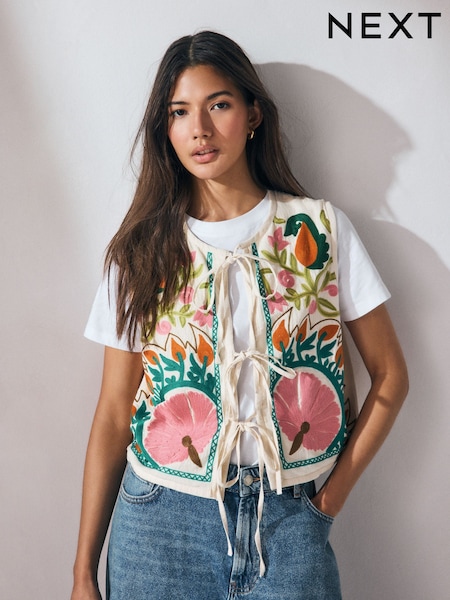 Bright Floral Print Embroidered Cropped Waistcoat (AU0104) | £48