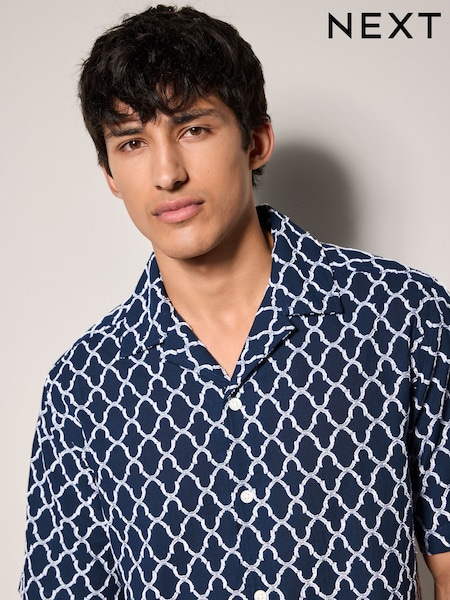 Navy Blue Trellis Textured Short Sleeve 100% Cotton Shirt (AU0155) | £42