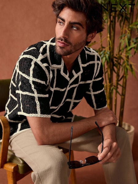 Black/White Crochet Textured Short Sleeve Shirt (AU0162) | £48