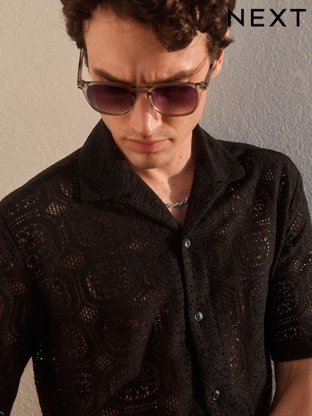 Black Short Sleeve Crochet Shirt with Cuban Collar (AU0163) | £32