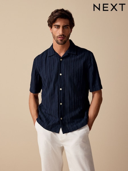 Navy Blue 100% Cotton Textured Stripe Short Sleeve Shirt (AU0164) | £30