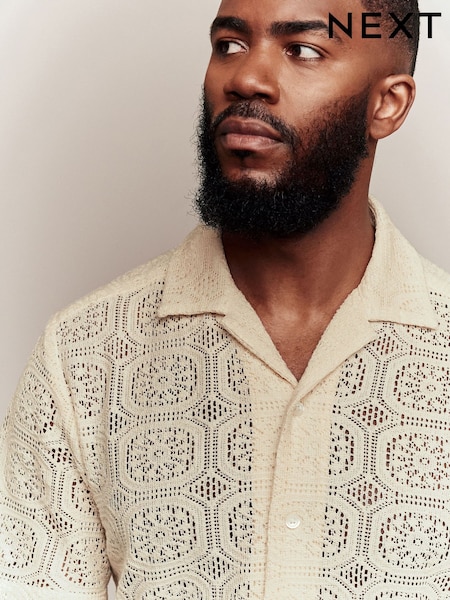 Ecru Short Sleeve Crochet Shirt with Cuban Collar (AU0165) | £32
