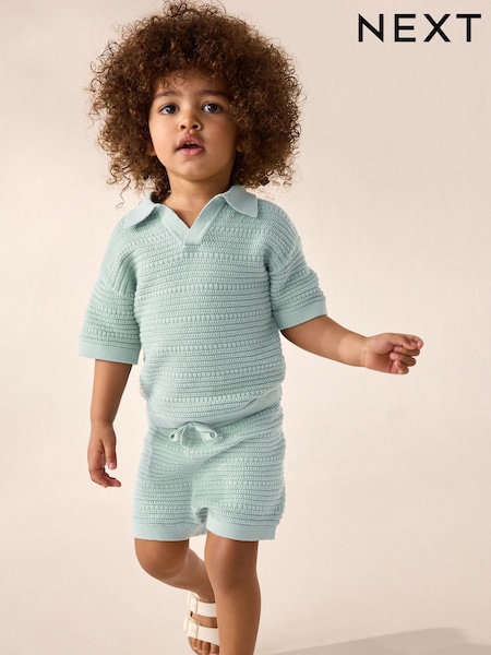 Mineral Blue 100% Cotton Textured Trophy Neck Knitted Polo Shirt and Shorts Set (3mths-10yrs) (AU0173) | £18 - £22
