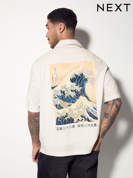 Neutral 100% Cotton Hokusai Printed Short Sleeve Shirt (AU0174) | £38