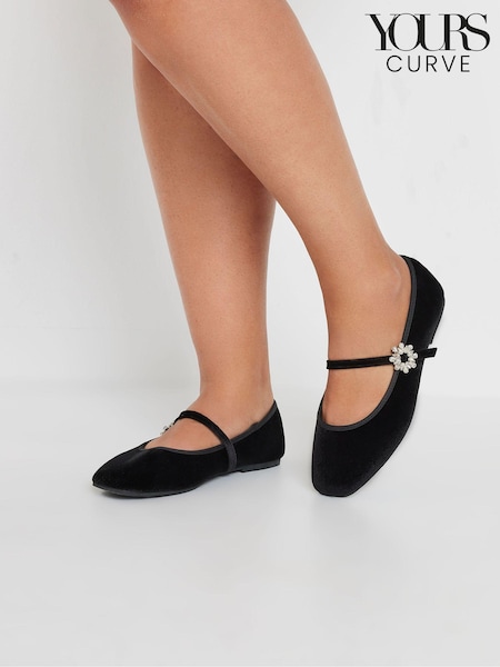 Yours Curve Black Extra Wide Fit Diamante Clasp Velvet Mary Jane Shoes (AU0196) | £29