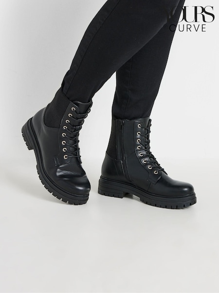 Yours Curve Black Extra Wide Fit Extra Wide Fit Panel Lace Up Chunky Boots (AU0197) | £50