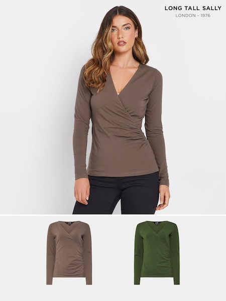 Long Tall Sally Green/Brown Cotton Long Sleeve Wrap Top 2 Pack (AU0219) | £36