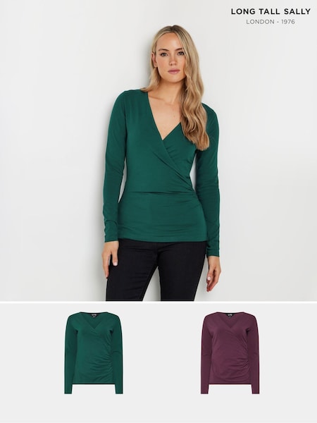 Long Tall Sally Green Cotton Long Sleeve Wrap Top 2 Pack (AU0221) | £36